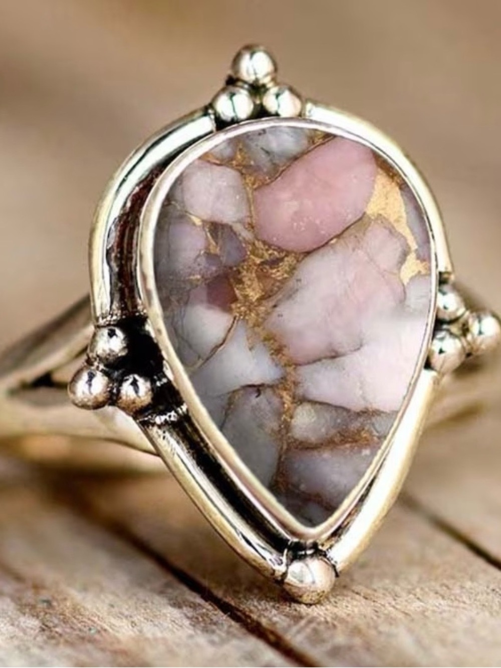 Gold Teardrop Pink White Marble Stone Ring - Size 7